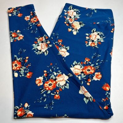 NEW LuLaRoe TC2 Legging BLUE CREAM Orange Turquoise ROSE PEONY Flower Bud Leaves